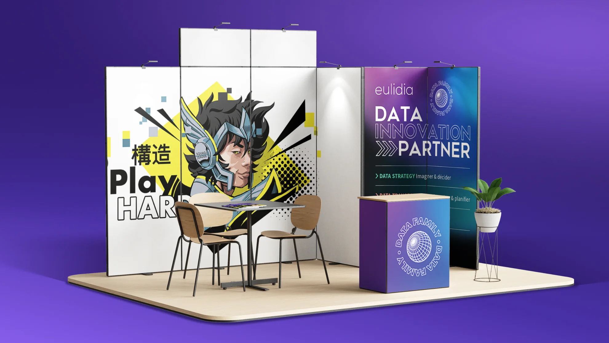 stand de communication avec des illustrations tech et street art 